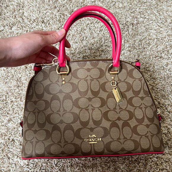 Coach Signature Katy Satchel in Khaki Electric Pink - Picture 3 of 10